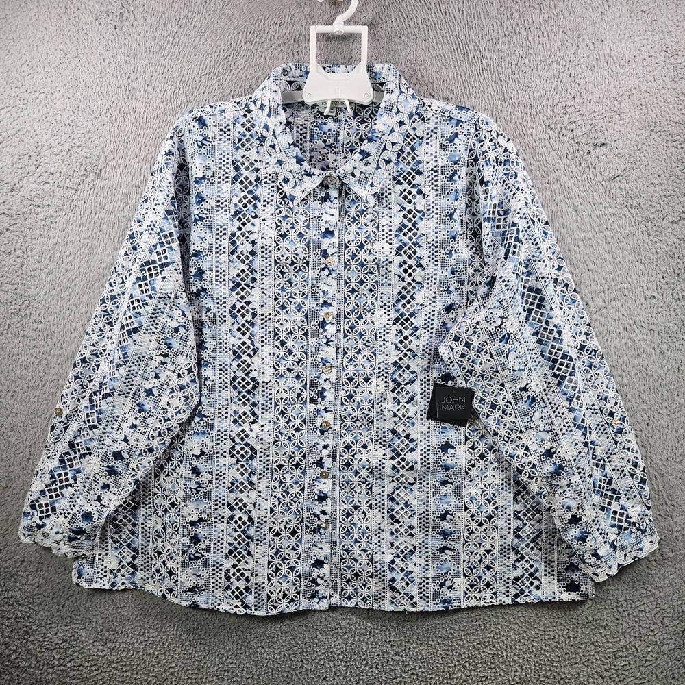 $129 NEW John Mark Embroidered Shirt Top 3X Eyelet Spellout White Navy Blue